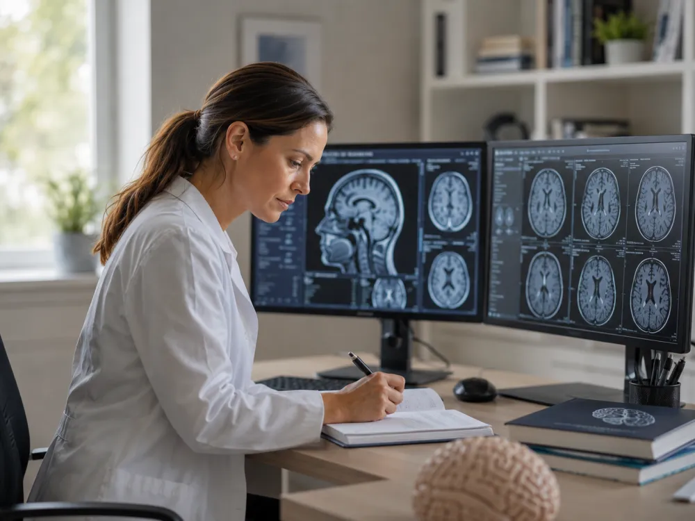 Ricercatrice che analizza immagini di risonanza cerebrale